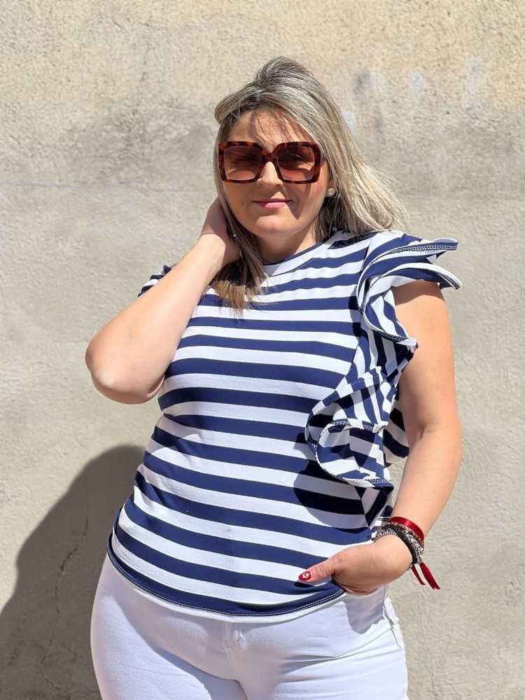 Camiseta Rayas Volante Azul