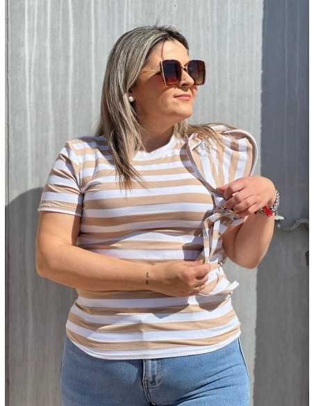 Camiseta Rayas Volante Beige