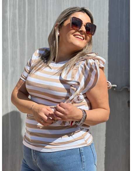 Camiseta Rayas Volante Beige