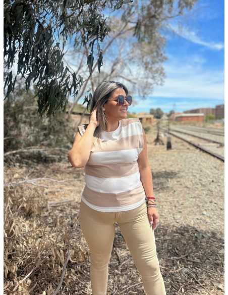 Camiseta Hombrera Rayas Beige