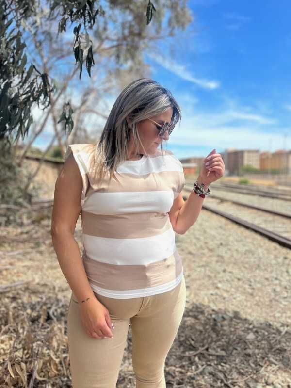 Camiseta Hombrera Rayas Beige 2