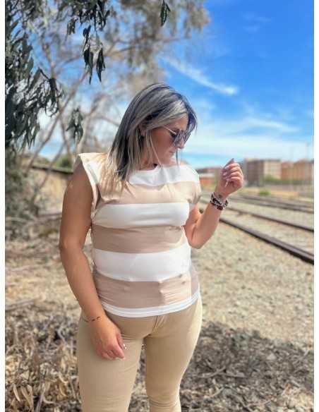 Camiseta Hombrera Rayas Beige