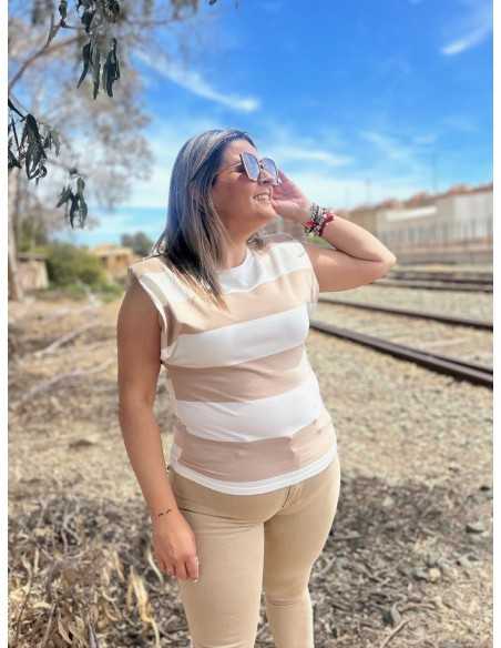 Camiseta Hombrera Rayas Beige
