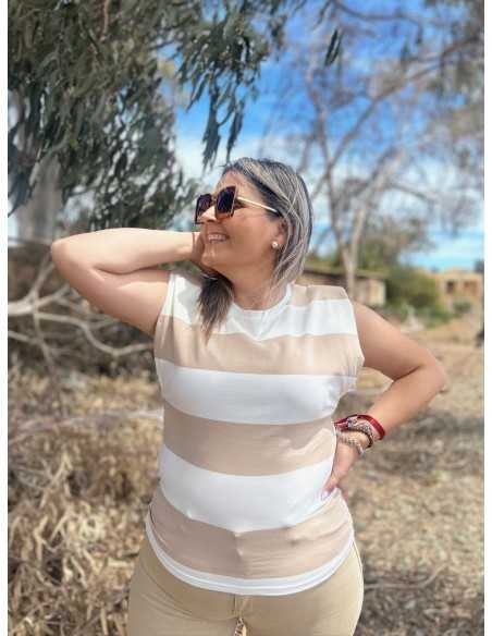 Camiseta Hombrera Rayas Beige