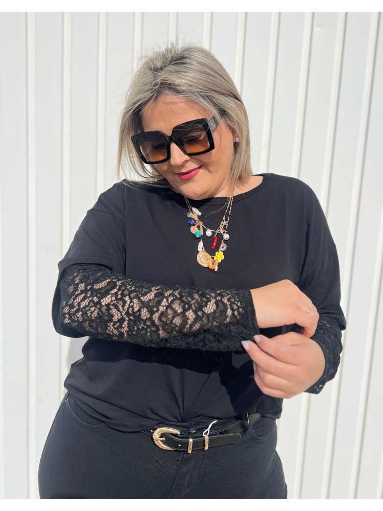 Camiseta Manga Encaje Negra