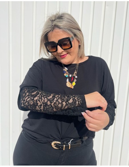 Camiseta Manga Encaje Negra