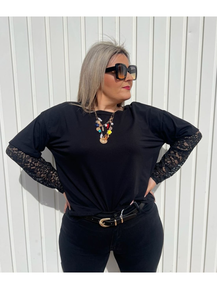 Camiseta Manga Encaje Negra