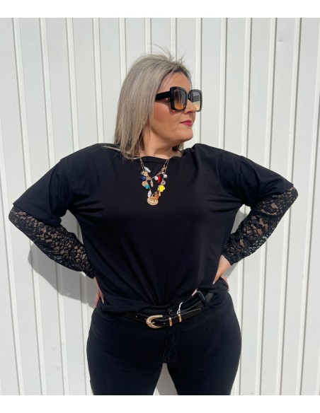 Camiseta Manga Encaje Negra