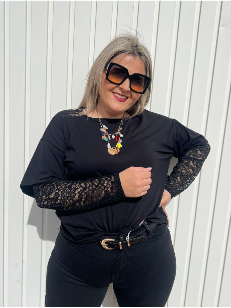 Camiseta Manga Encaje Negra