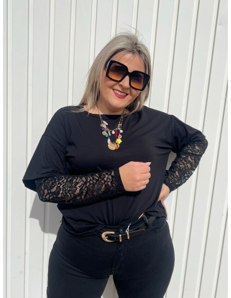 Camiseta Manga Encaje Negra