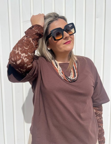 Camiseta Manga Encaje Chocolate