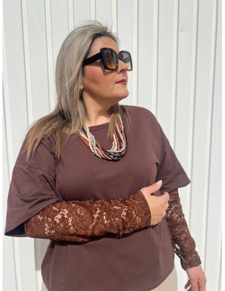 Camiseta Manga Encaje Chocolate