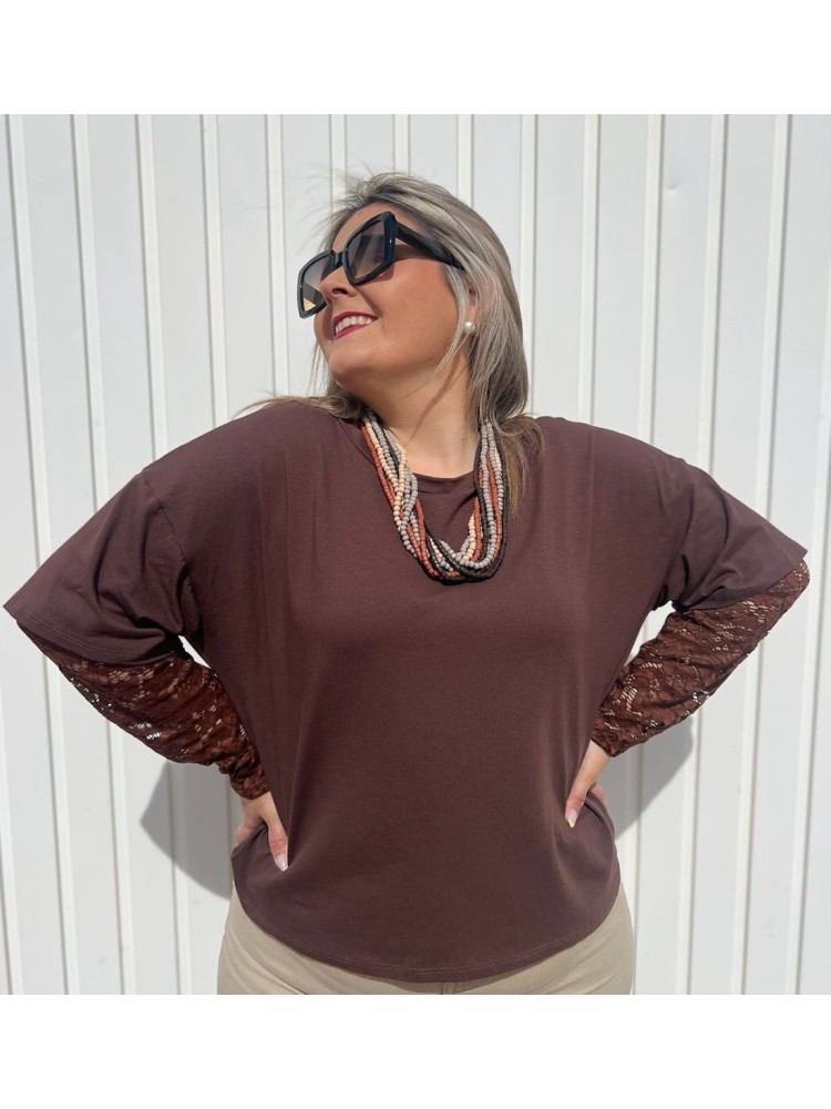 Camiseta Manga Encaje Chocolate