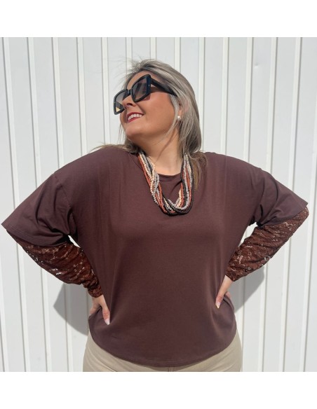 Camiseta Manga Encaje Chocolate
