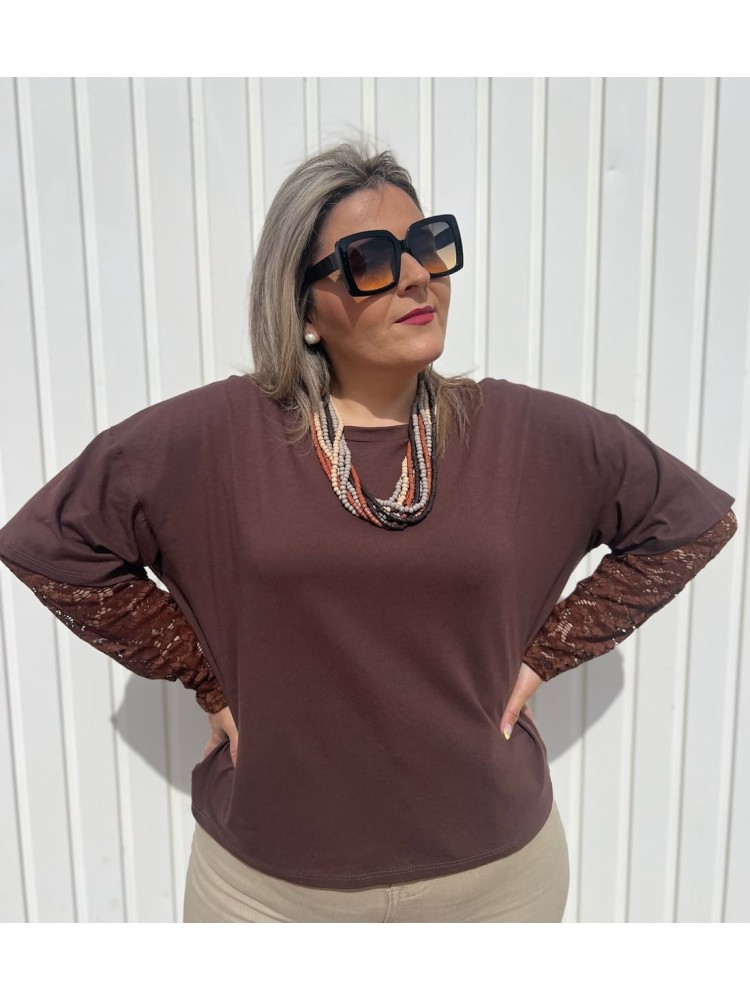 Camiseta Manga Encaje Chocolate