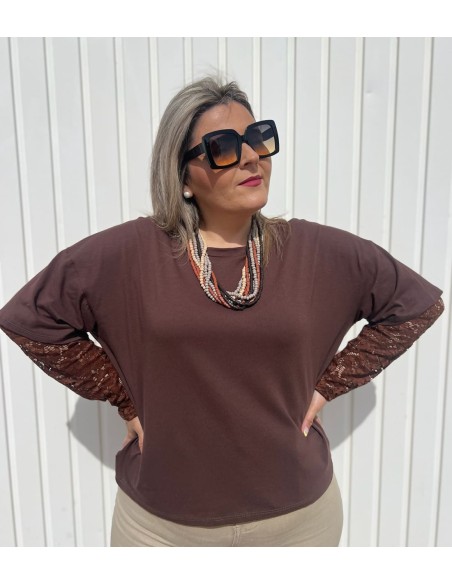 Camiseta Manga Encaje Chocolate
