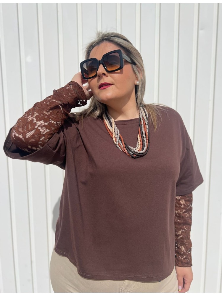 Camiseta Manga Encaje Chocolate