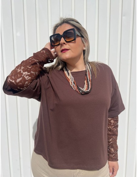 Camiseta Manga Encaje Chocolate