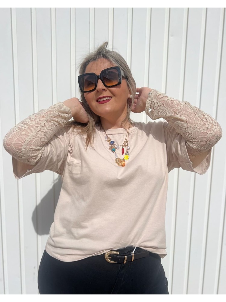 Camiseta Manga Encaje Beige