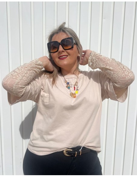Camiseta Manga Encaje Beige
