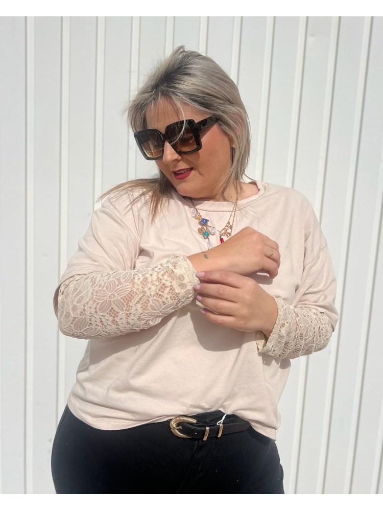 Camiseta Manga Encaje Beige