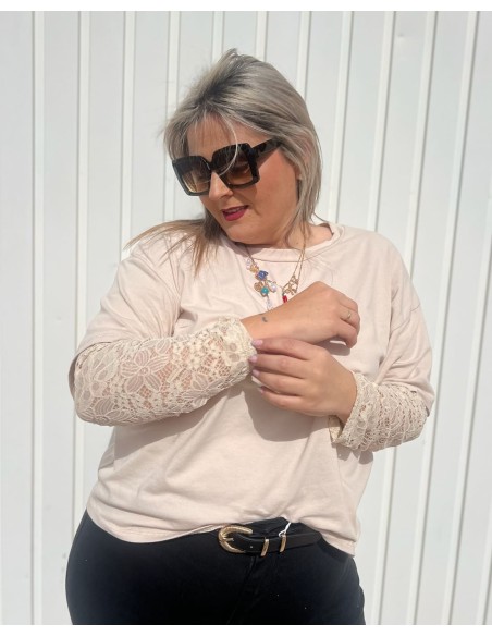 Camiseta Manga Encaje Beige