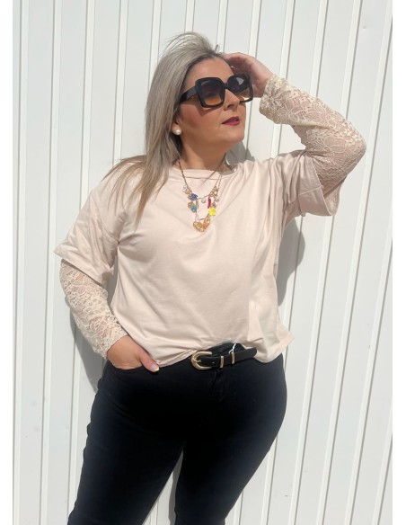 Camiseta Manga Encaje Beige