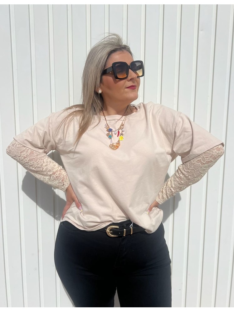 Camiseta Manga Encaje Beige