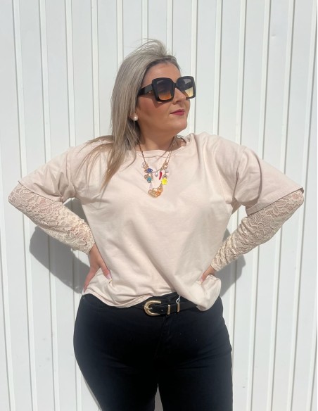 Camiseta Manga Encaje Beige